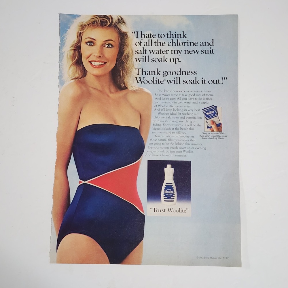 Vintage Print Ad Woolite model bathing suit clipping 1983 8x10.5